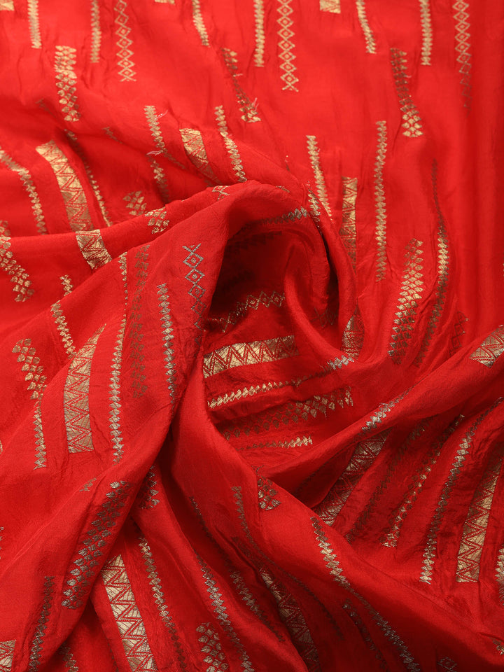 Red Embroidered Cotton Blend Round Neck Suit Set