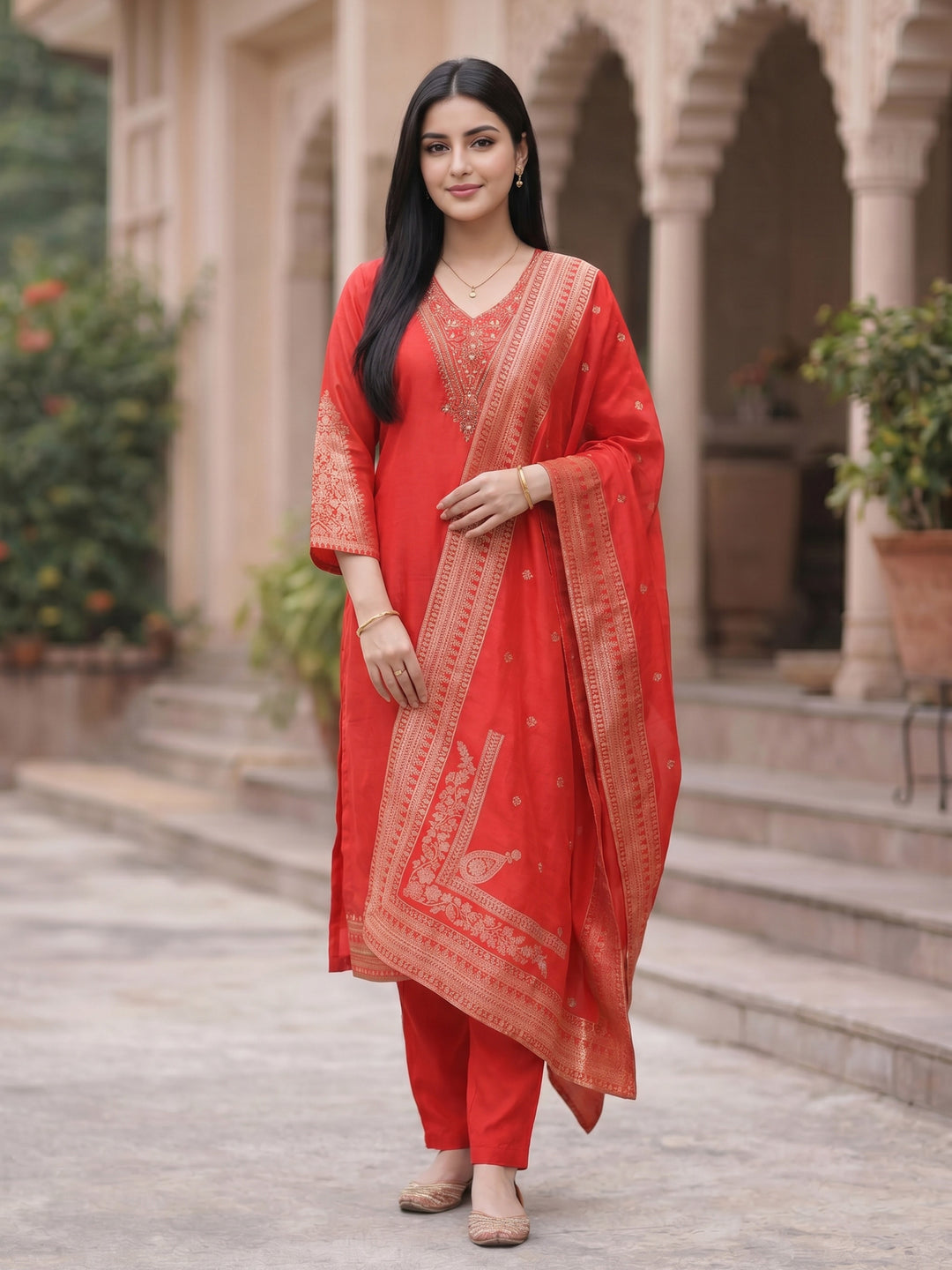 Hot Pink Embroidered Art Silk Round Neck Suit Set