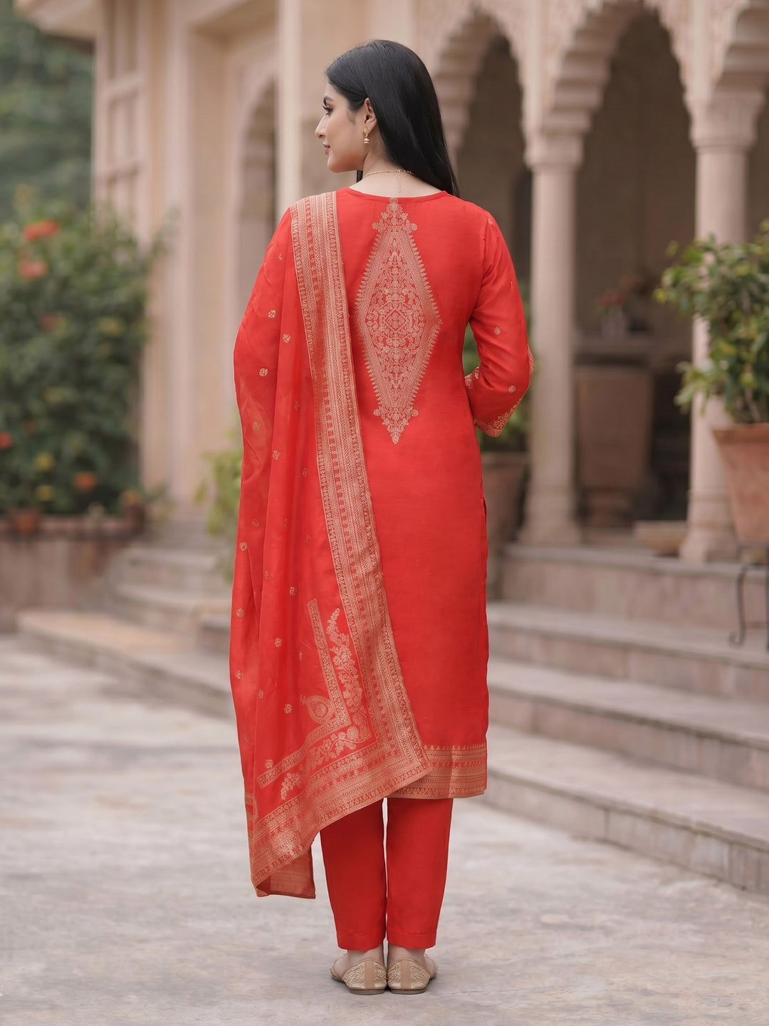 Hot Pink Embroidered Art Silk Round Neck Suit Set