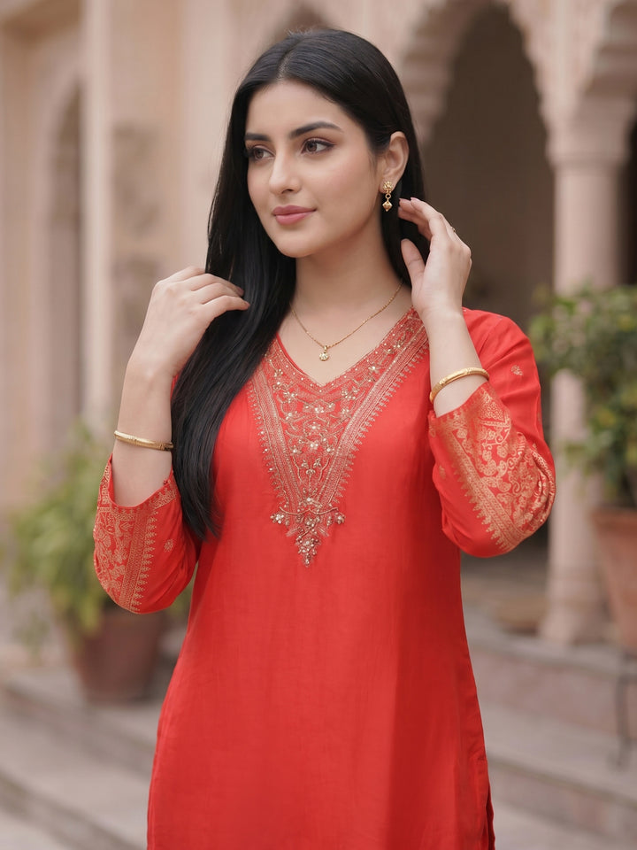 Hot Pink Embroidered Art Silk Round Neck Suit Set