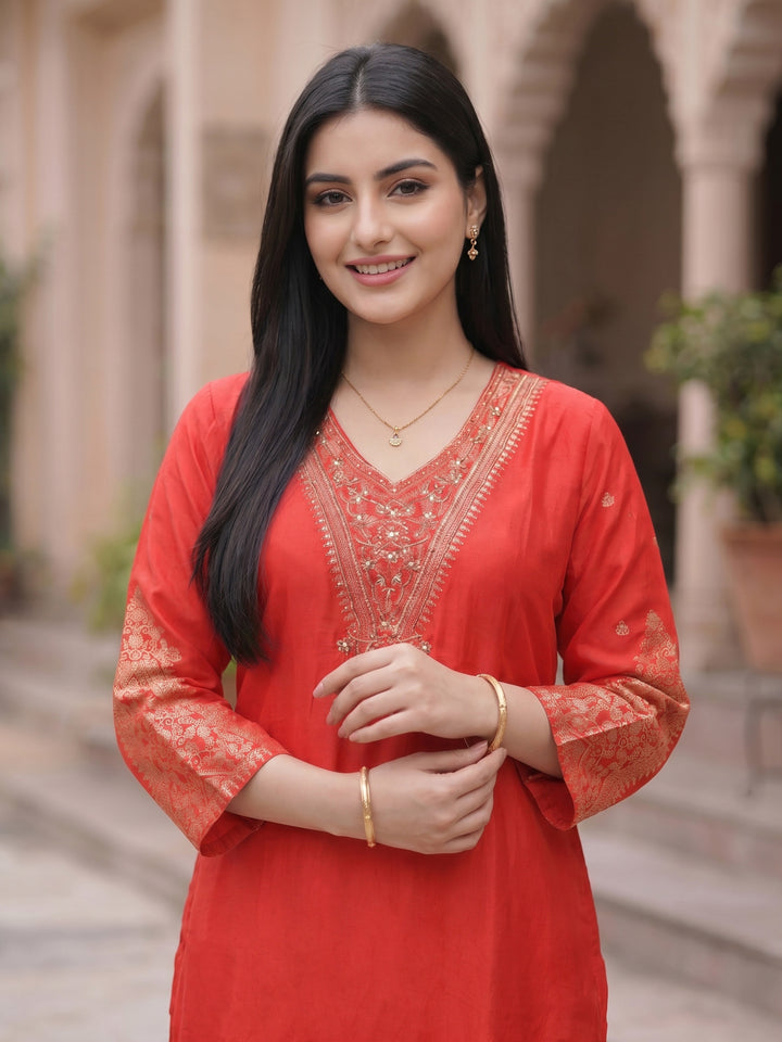 Hot Pink Embroidered Art Silk Round Neck Suit Set