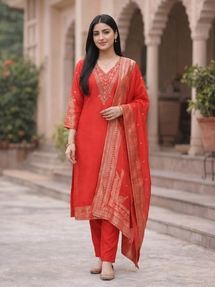 Red Embroidered Art Silk Round Neck Suit Set