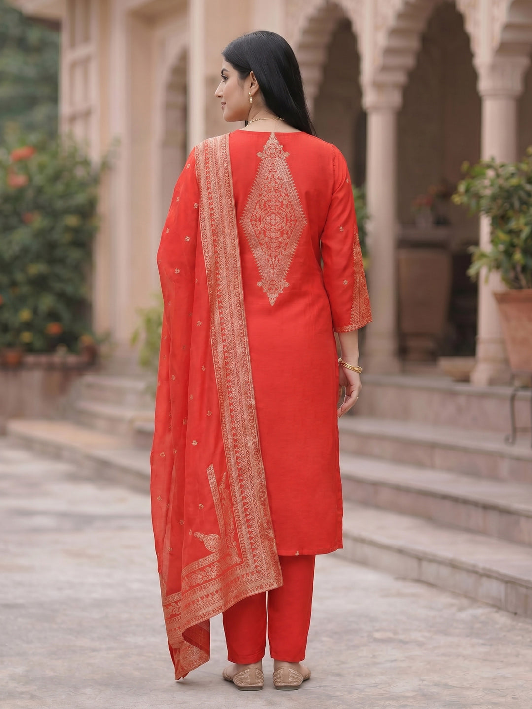 Red Embroidered Art Silk Round Neck Suit Set