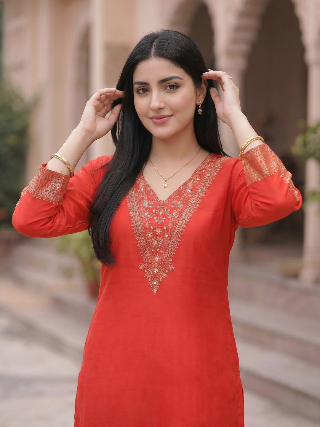 Red Embroidered Art Silk Round Neck Suit Set