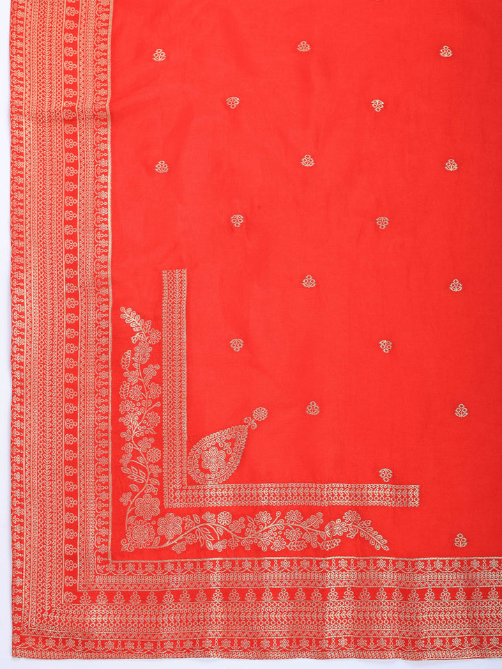 Red Embroidered Art Silk Round Neck Suit Set