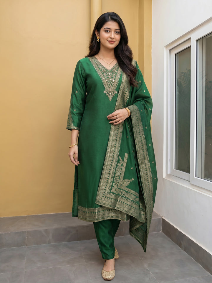 Green Embroidered Art Silk Round Neck Suit Set
