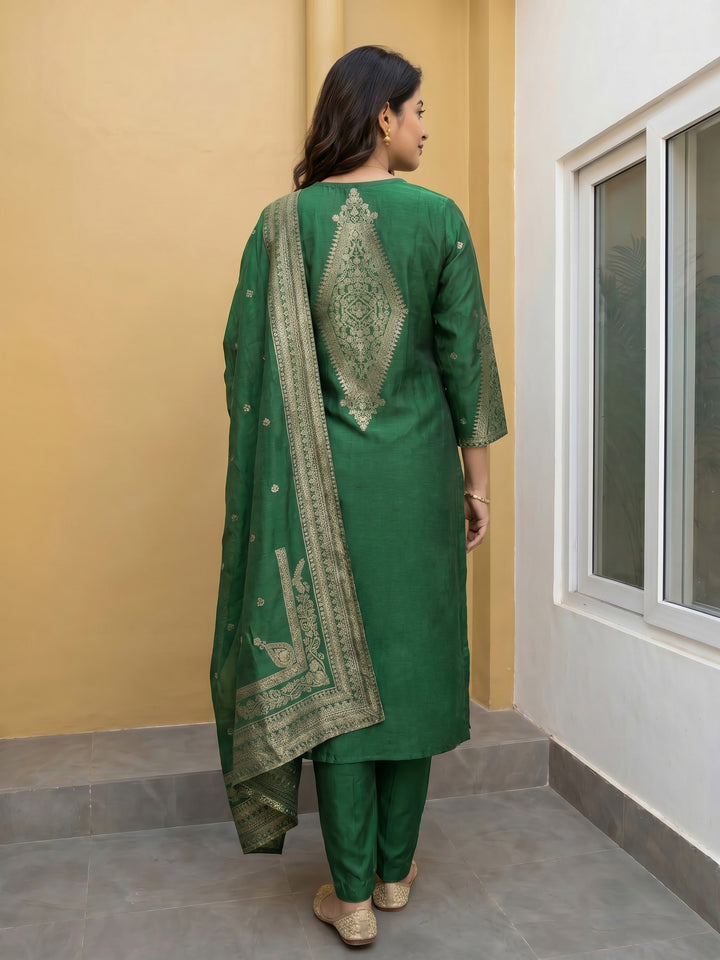Green Embroidered Art Silk Round Neck Suit Set