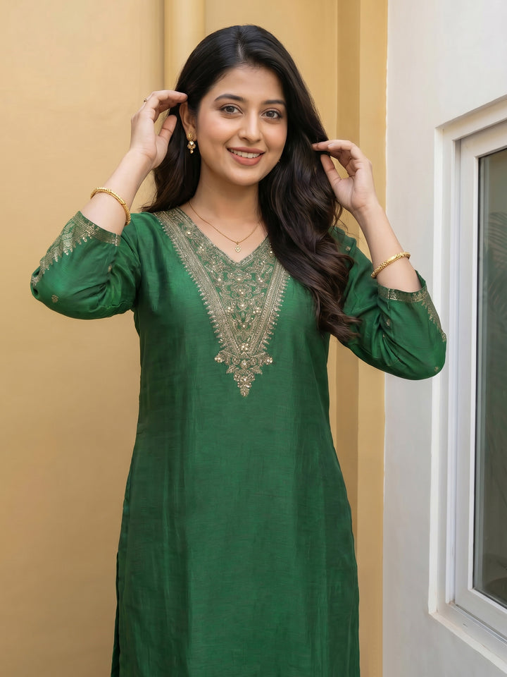 Green Embroidered Art Silk Round Neck Suit Set