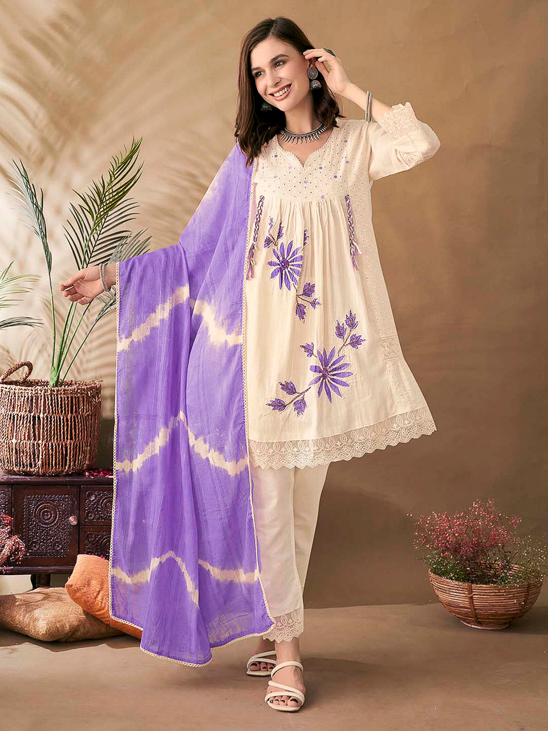 Cream-Purple Embroidered Cotton Blend Kurta With Pant &amp; Dupatta