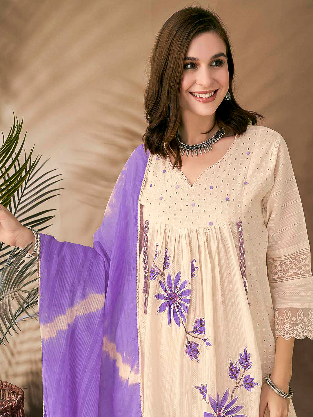 Cream-Purple Embroidered Cotton Blend Kurta With Pant &amp; Dupatta