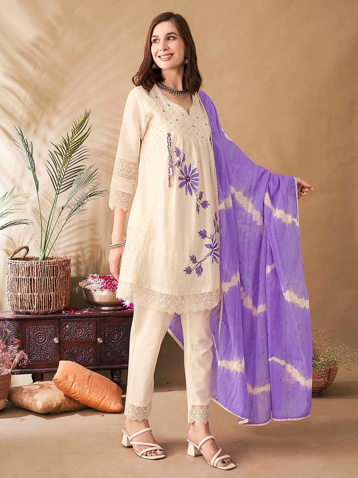 Cream-Purple Embroidered Cotton Blend Kurta With Pant &amp; Dupatta
