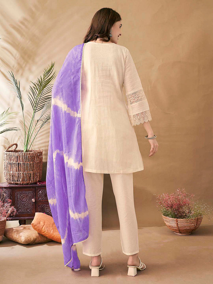 Cream-Purple Embroidered Cotton Blend Kurta With Pant &amp; Dupatta