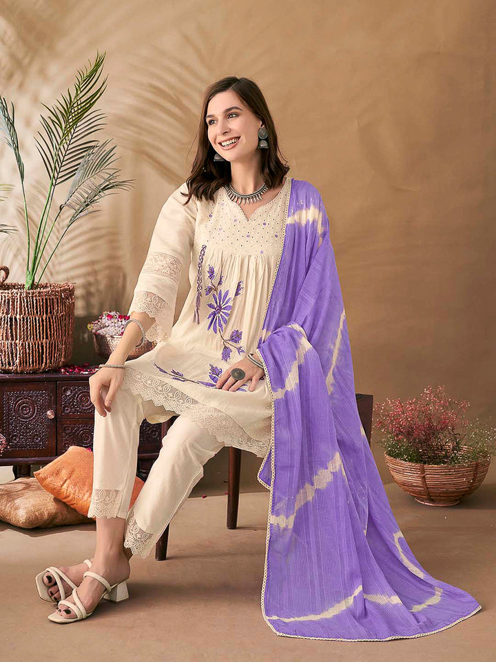 Cream-Purple Embroidered Cotton Blend Kurta With Pant &amp; Dupatta