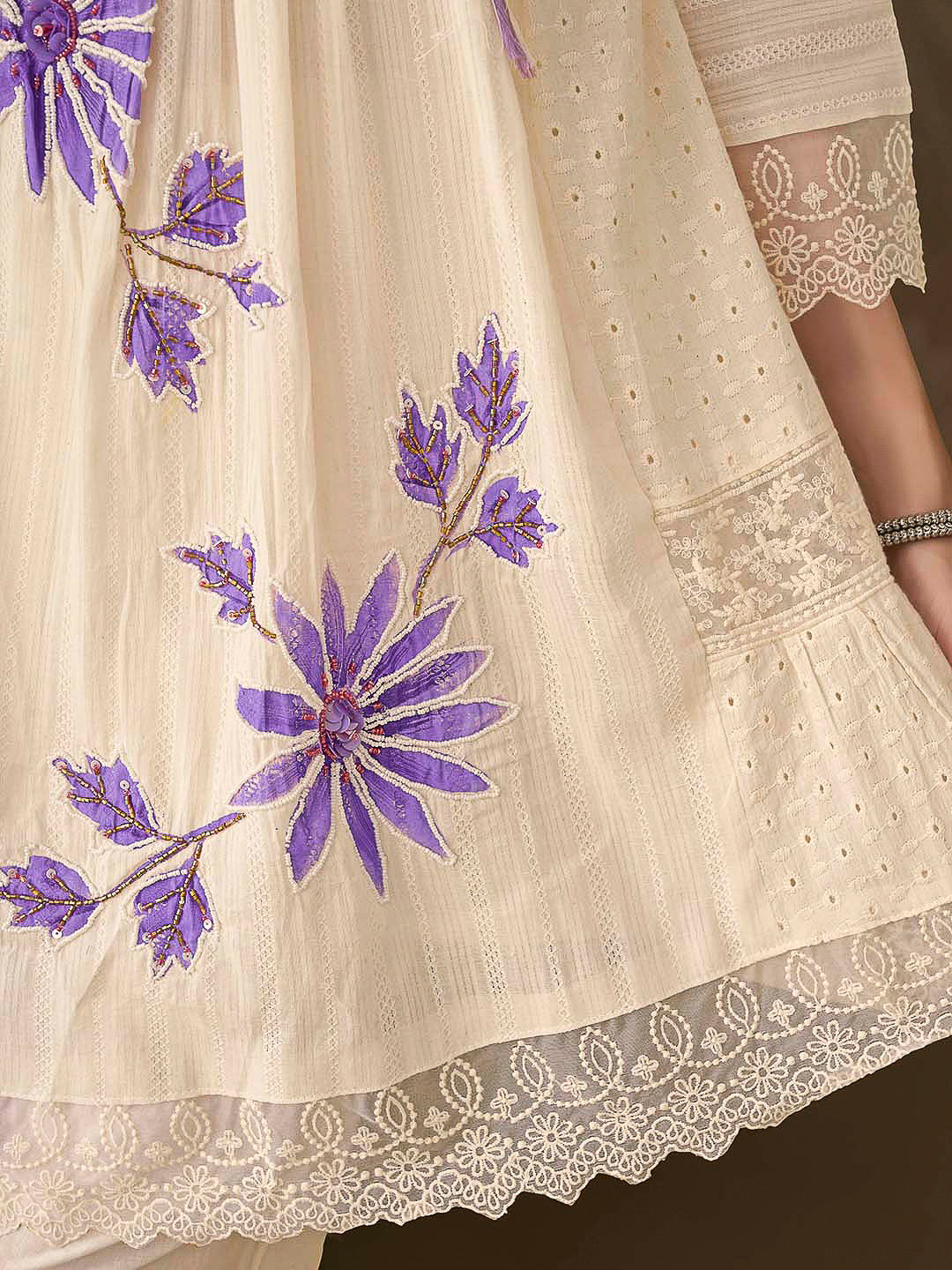 Cream-Purple Embroidered Cotton Blend Kurta With Pant &amp; Dupatta