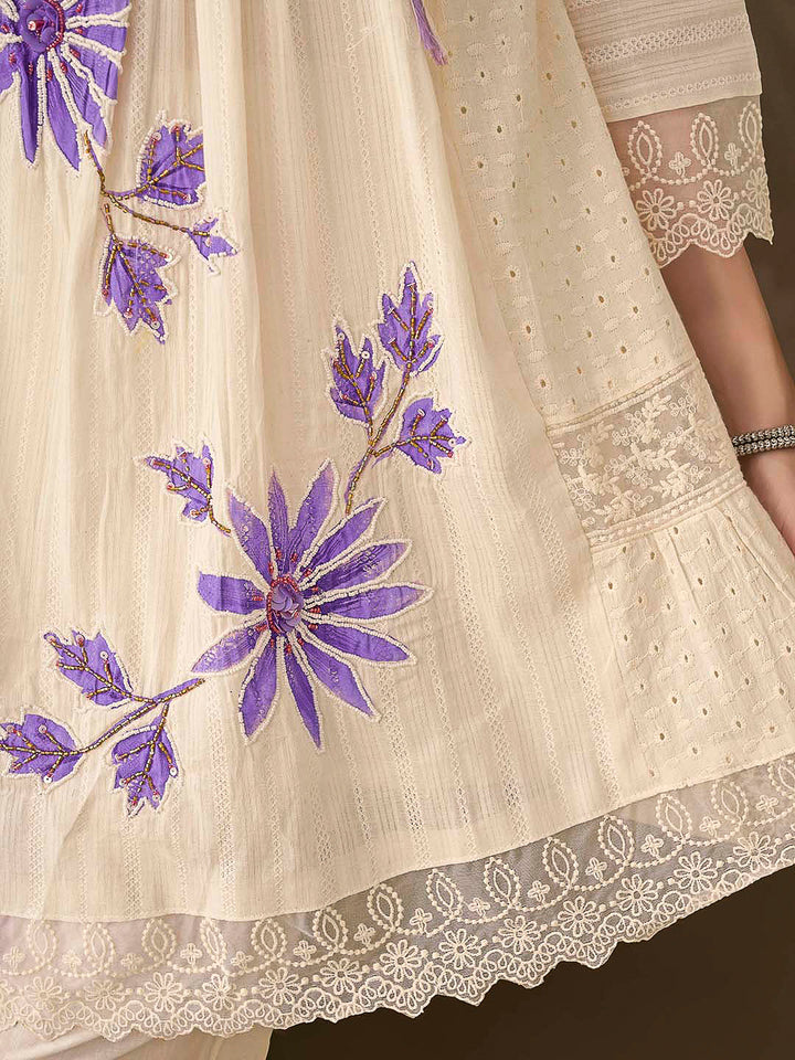 Cream-Purple Embroidered Cotton Blend Kurta With Pant &amp; Dupatta