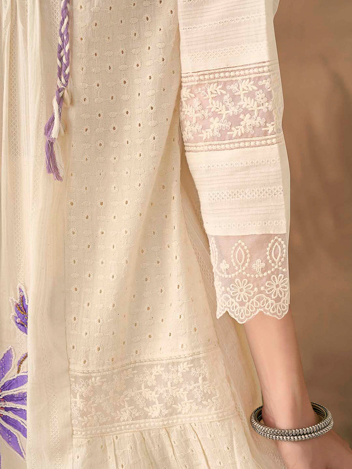 Cream-Purple Embroidered Cotton Blend Kurta With Pant &amp; Dupatta