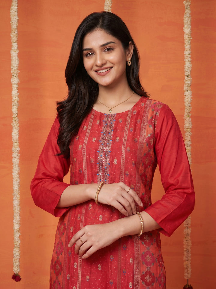 Rani Embroidered Art Silk Round Neck Suit Set