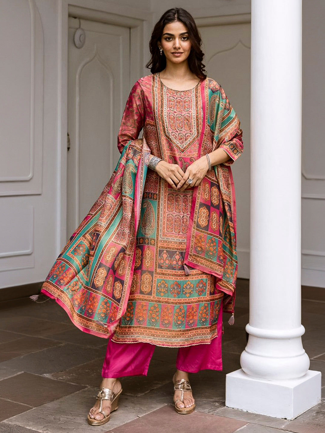 Pink Embroidered Tissue Kurta With Pant &amp; Dupatta