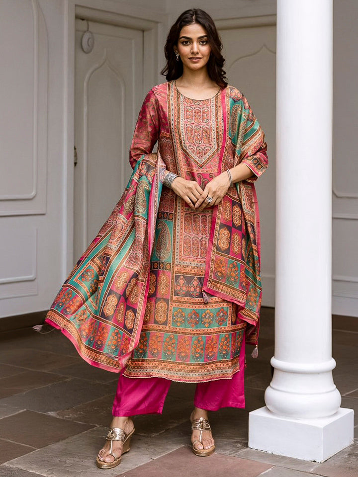 Pink Embroidered Tissue Kurta With Pant &amp; Dupatta