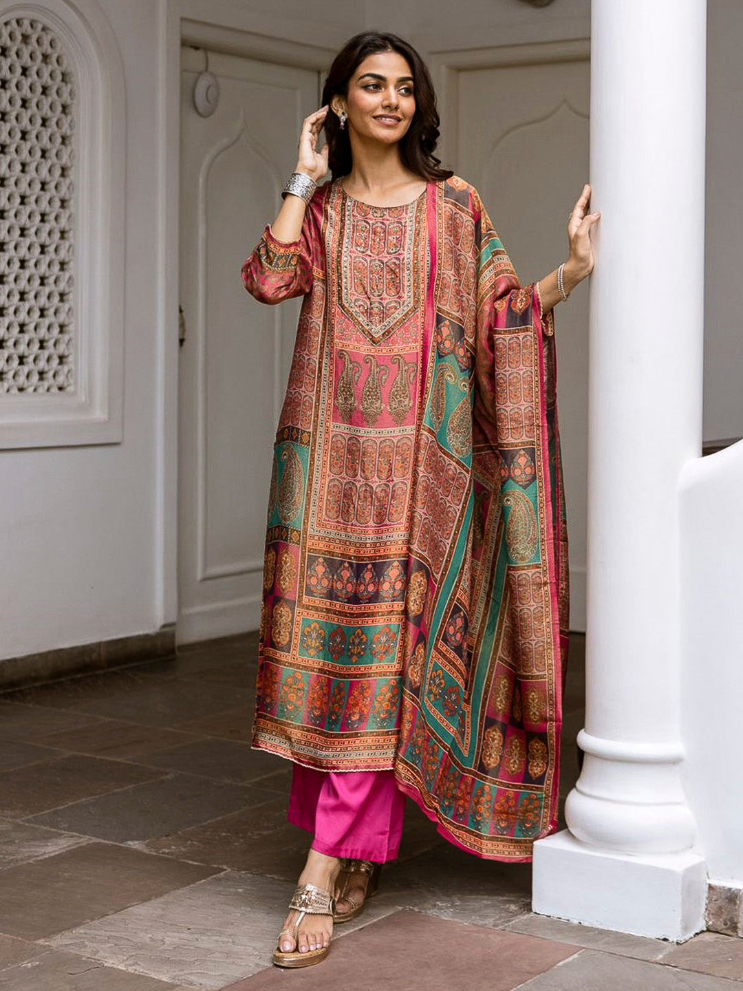 Pink Embroidered Tissue Kurta With Pant &amp; Dupatta