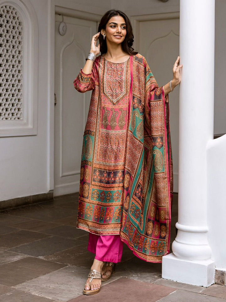 Pink Embroidered Tissue Kurta With Pant &amp; Dupatta