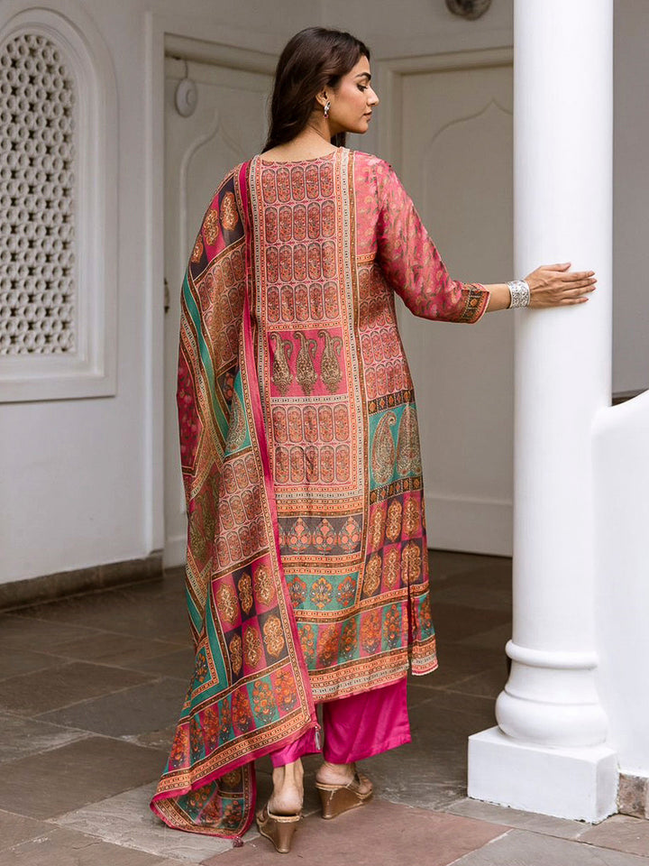 Pink Embroidered Tissue Kurta With Pant &amp; Dupatta