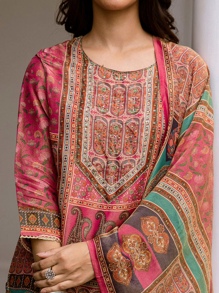 Pink Embroidered Tissue Kurta With Pant &amp; Dupatta