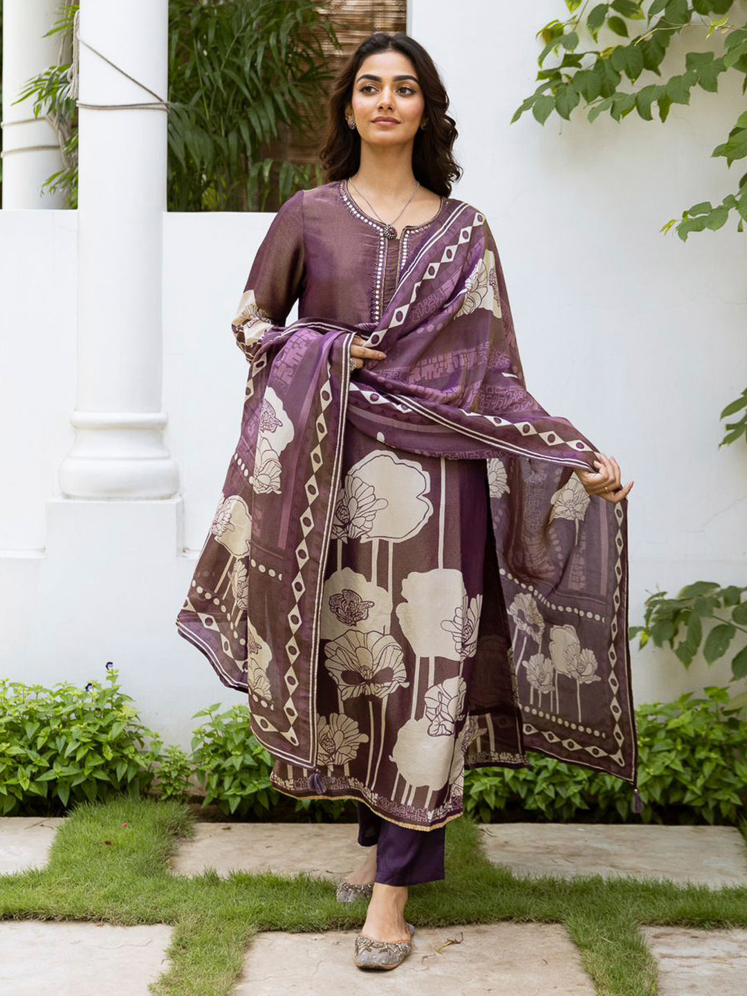 Purple Embroidered Tissue Kurta With Pant &amp; Dupatta