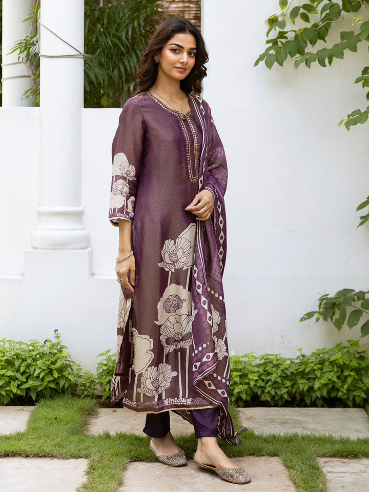 Purple Embroidered Tissue Kurta With Pant &amp; Dupatta