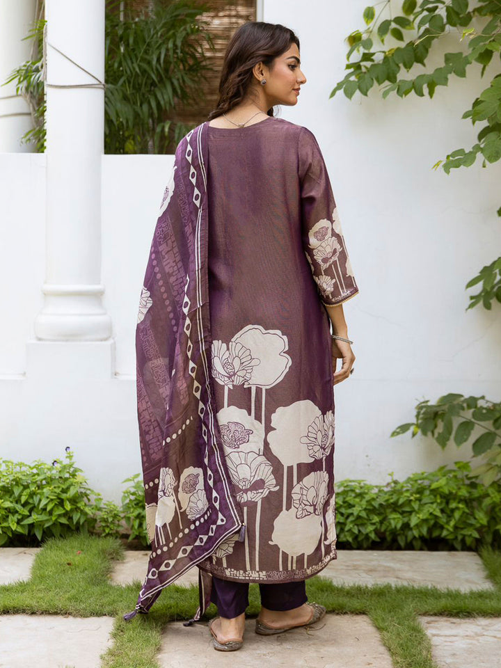 Purple Embroidered Tissue Kurta With Pant &amp; Dupatta