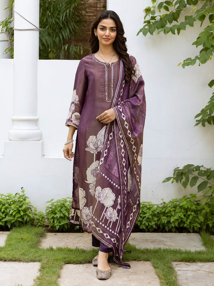 Purple Embroidered Tissue Kurta With Pant &amp; Dupatta