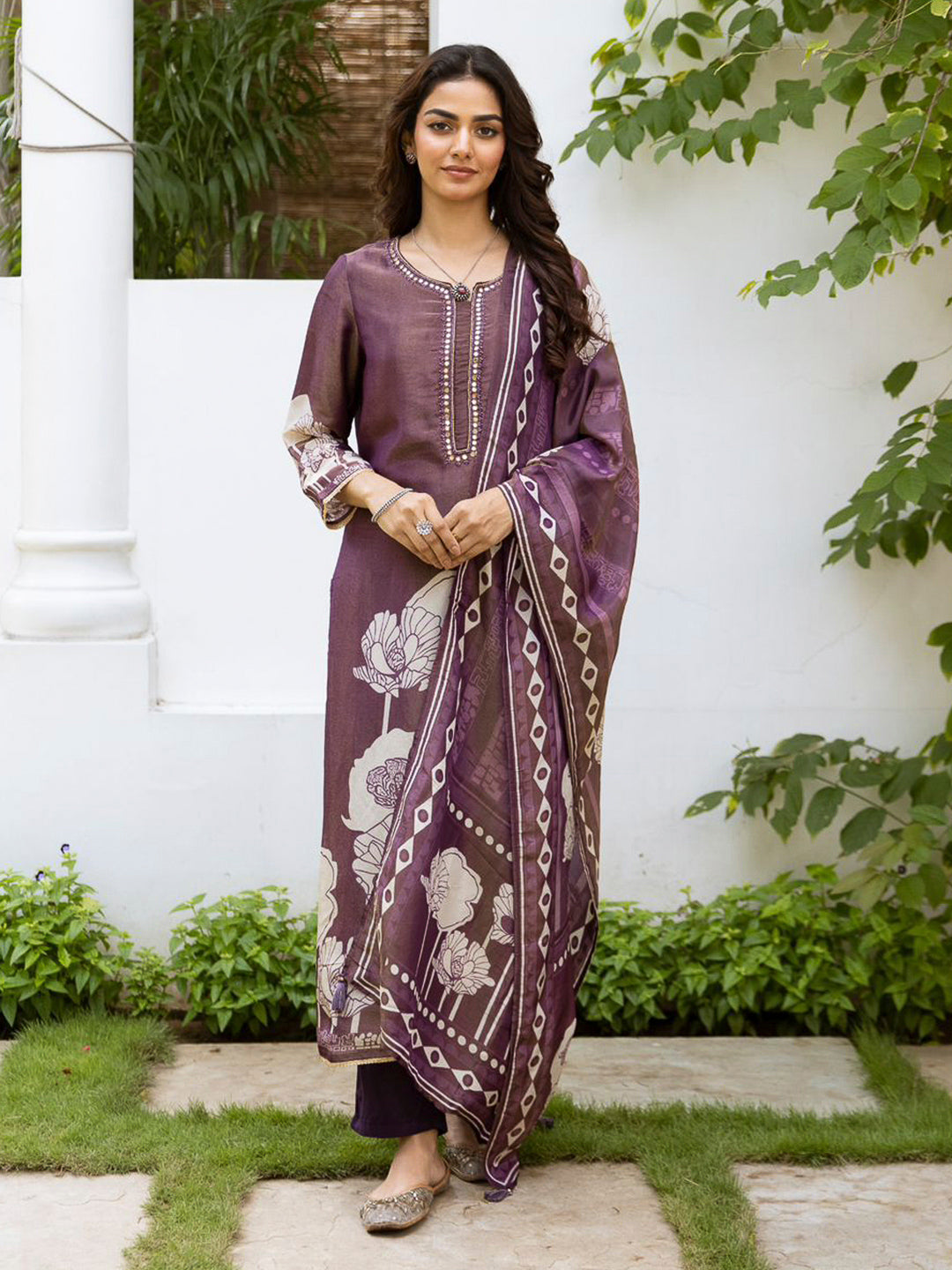 Purple Embroidered Tissue Kurta With Pant &amp; Dupatta