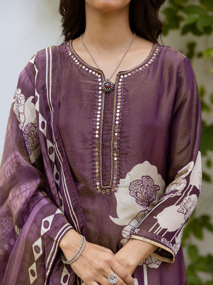 Purple Embroidered Tissue Kurta With Pant &amp; Dupatta