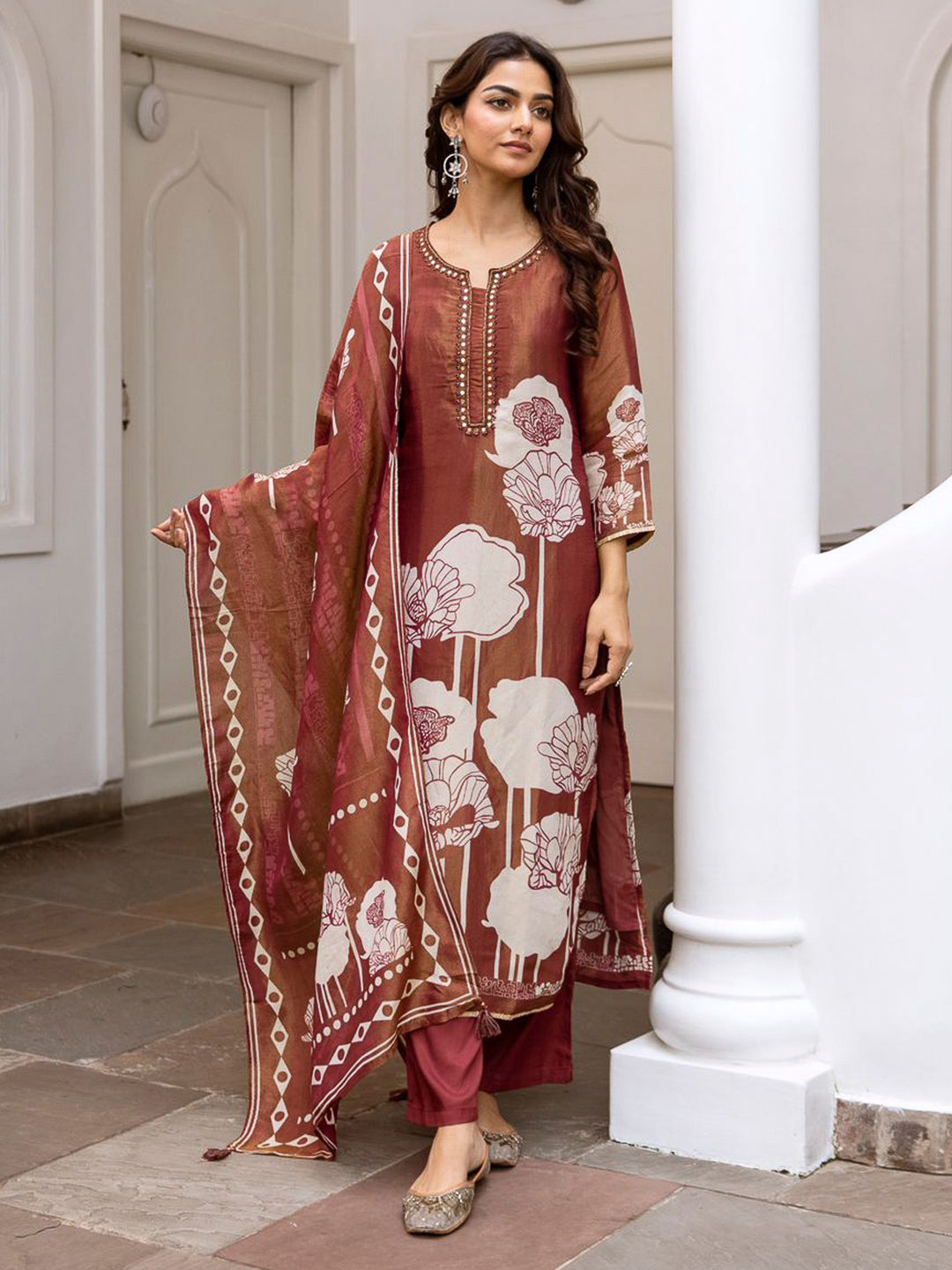 Brown Embroidered Tissue Kurta With Pant &amp; Dupatta
