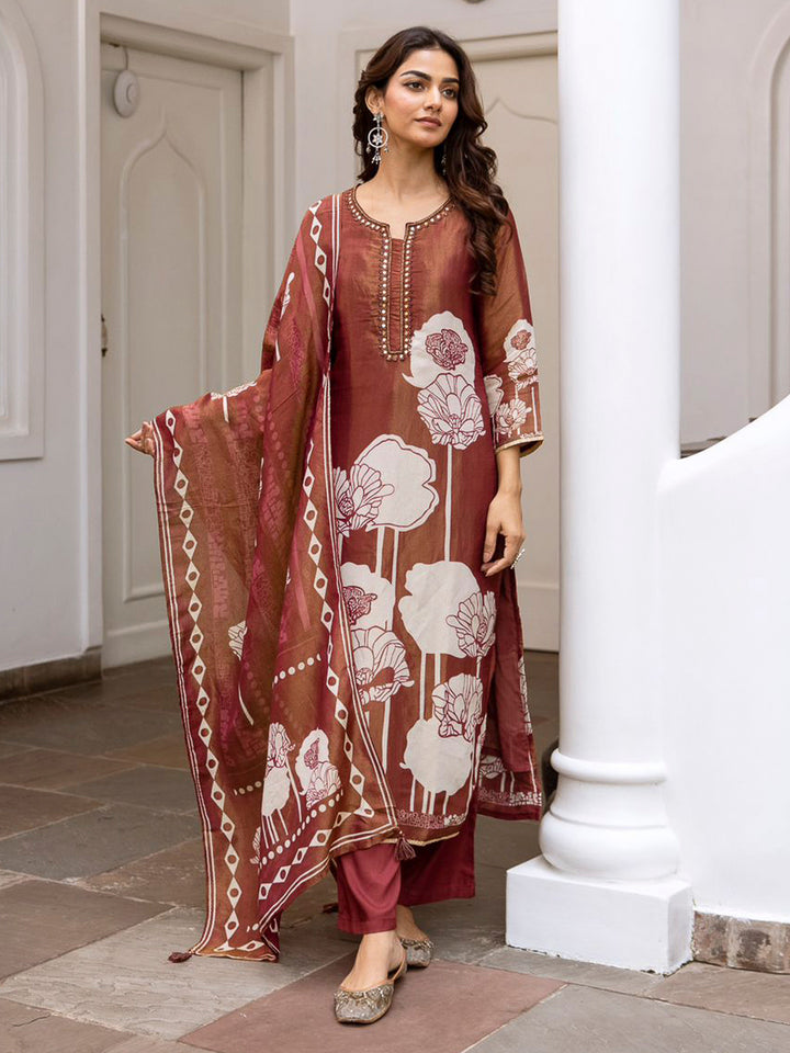 Brown Embroidered Tissue Kurta With Pant &amp; Dupatta