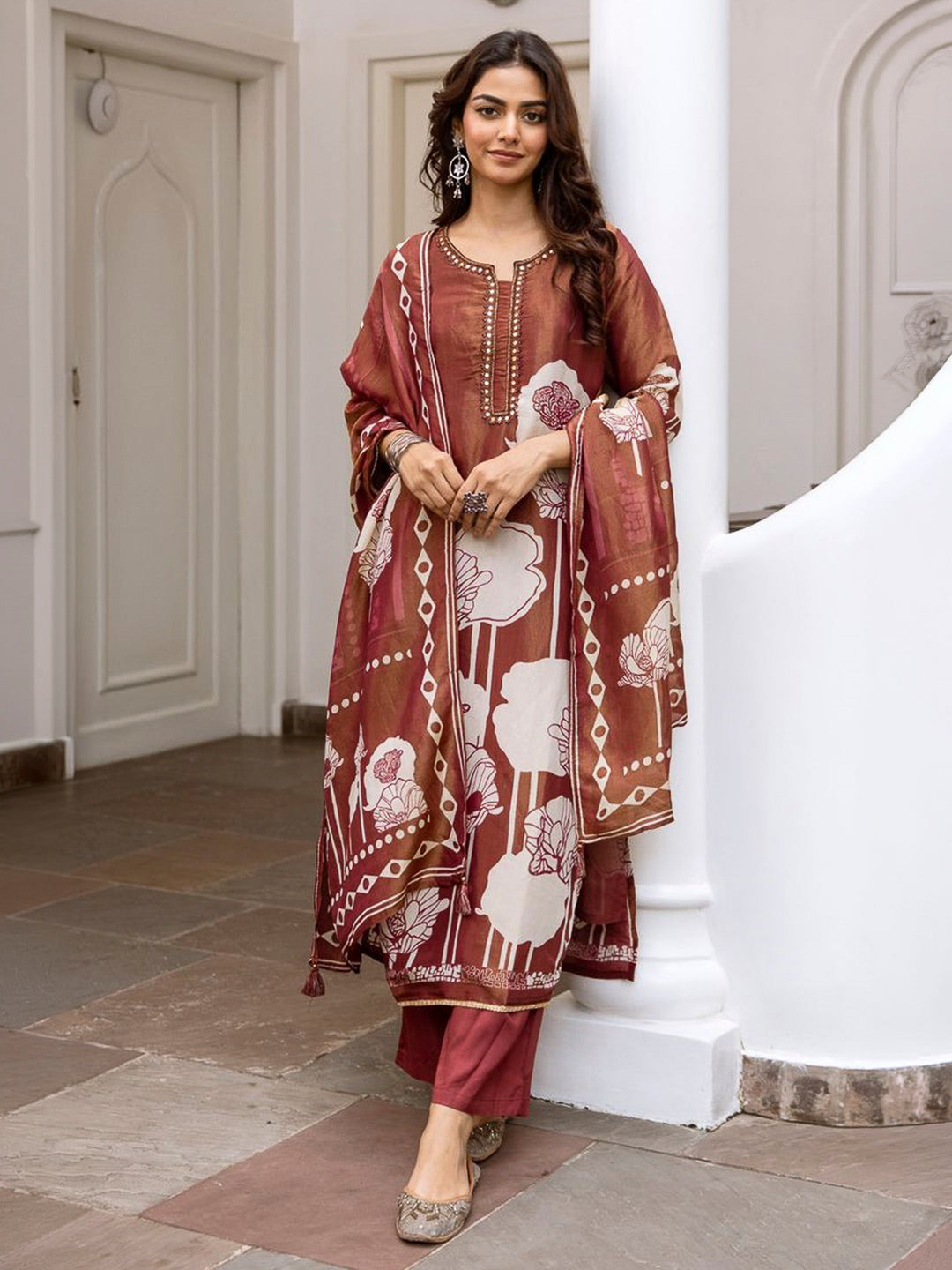 Brown Embroidered Tissue Kurta With Pant &amp; Dupatta
