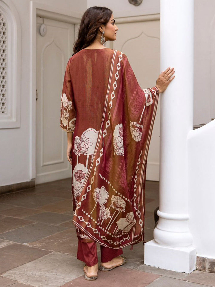 Brown Embroidered Tissue Kurta With Pant &amp; Dupatta