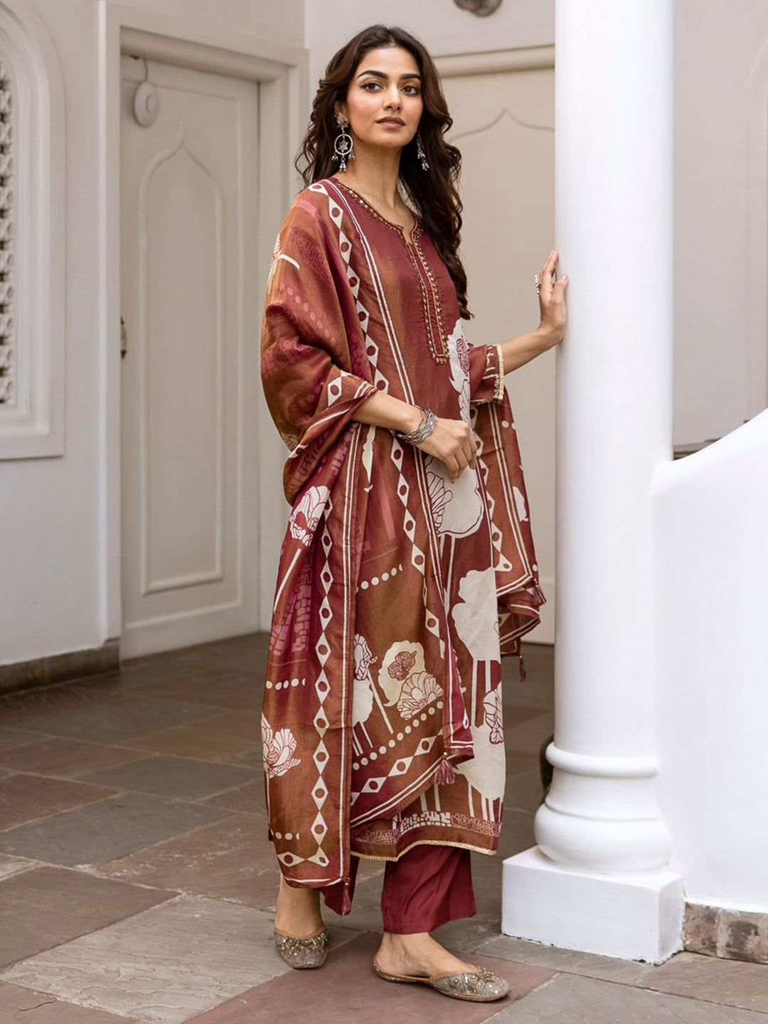 Brown Embroidered Tissue Kurta With Pant &amp; Dupatta