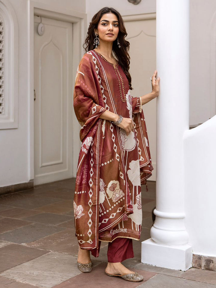Brown Embroidered Tissue Kurta With Pant &amp; Dupatta
