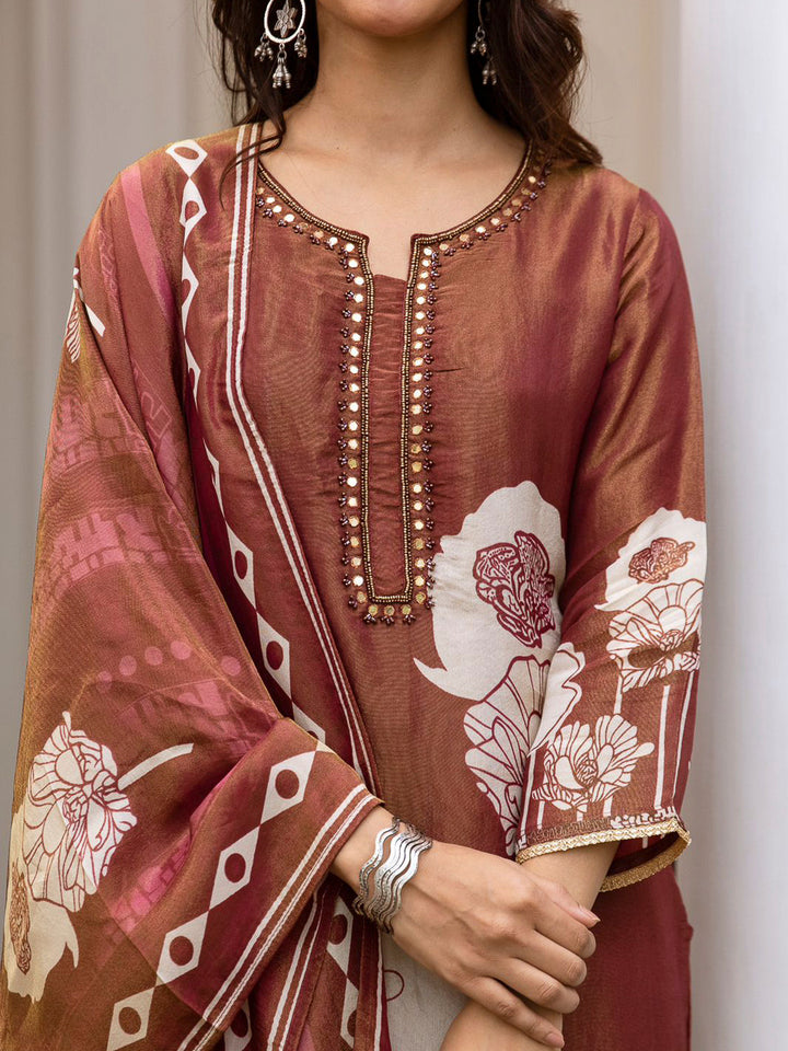 Brown Embroidered Tissue Kurta With Pant &amp; Dupatta