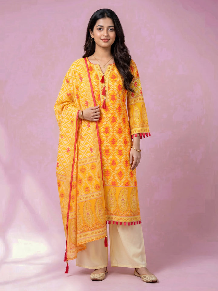 Mustard Printed Cotton Blend Round Neck Suit Set