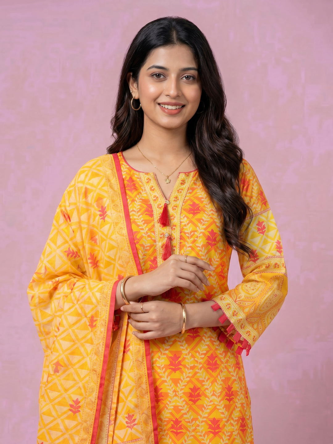Mustard Printed Cotton Blend Round Neck Suit Set