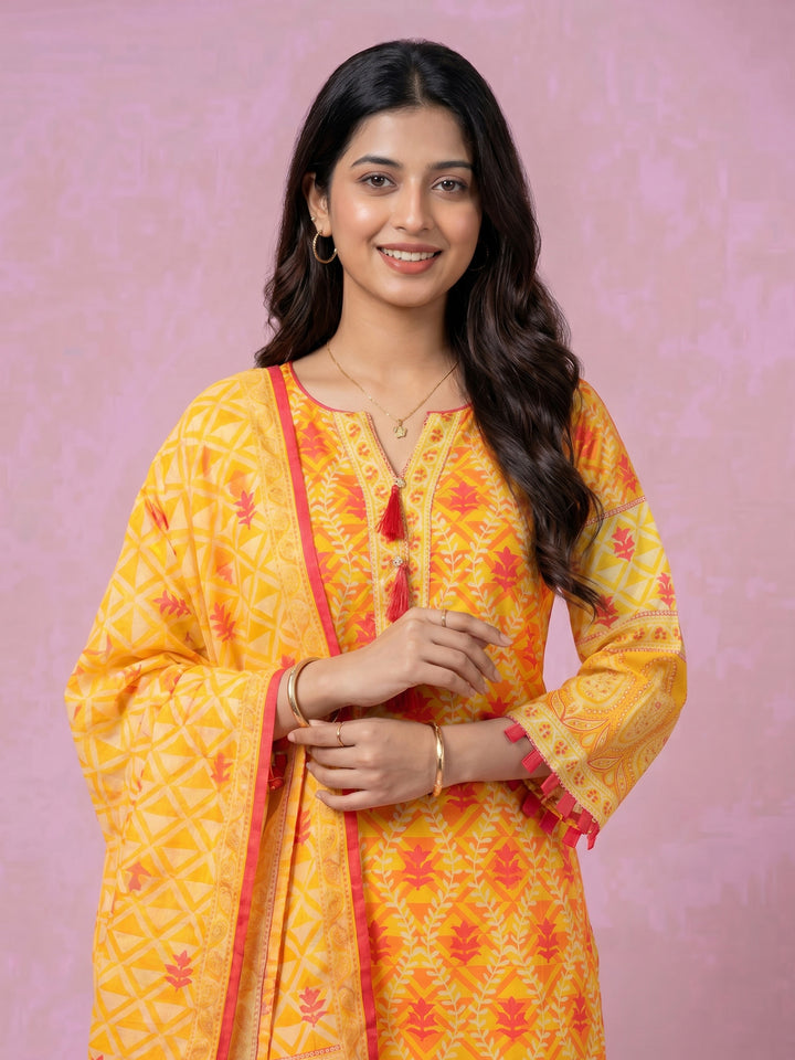Mustard Printed Cotton Blend Round Neck Suit Set
