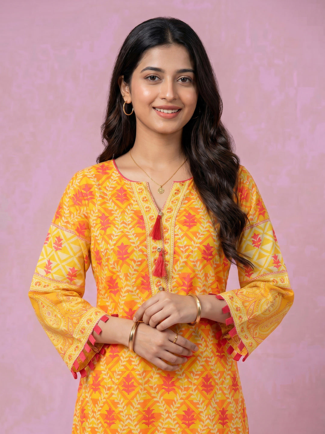 Mustard Printed Cotton Blend Round Neck Suit Set