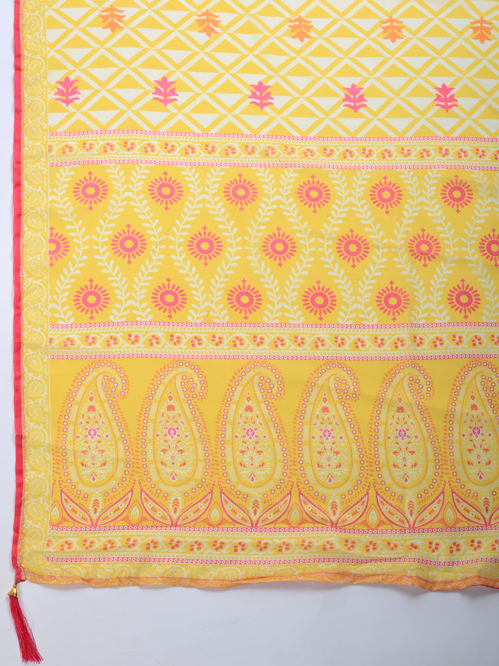 Mustard Printed Cotton Blend Round Neck Suit Set