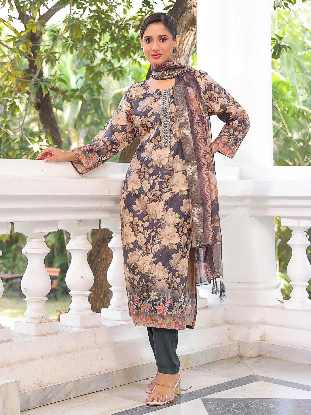 Black Embroidered Art Silk Kurta With Pant &amp; Dupatta