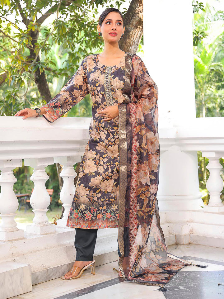 Black Embroidered Art Silk Kurta With Pant &amp; Dupatta
