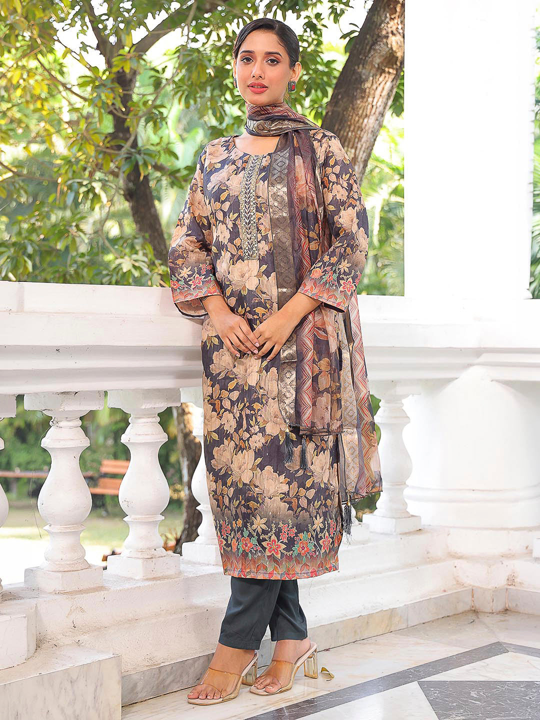 Black Embroidered Art Silk Kurta With Pant &amp; Dupatta