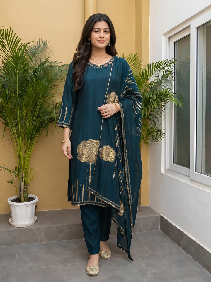 Teal Blue Embroidered Cotton Blend Round Neck Suit Set