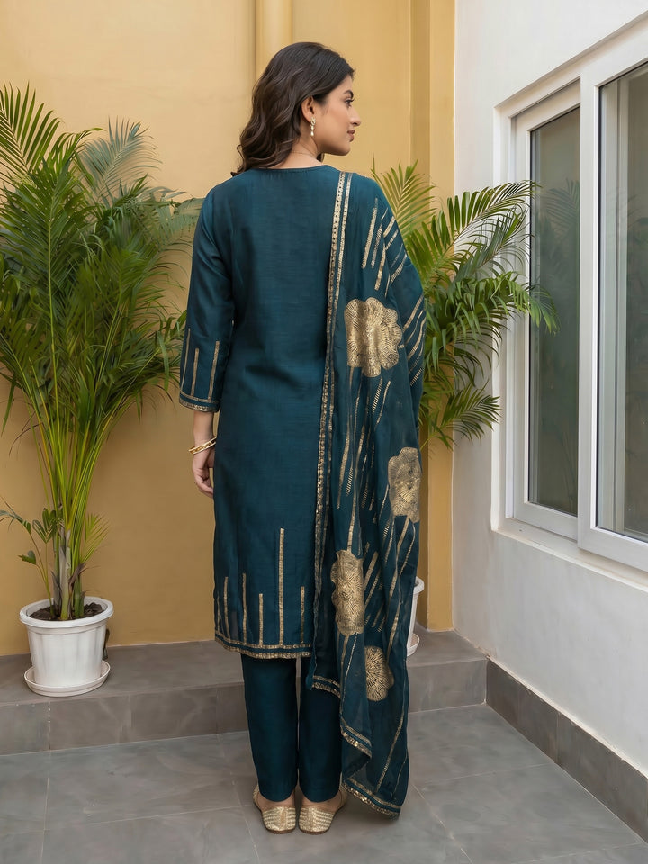 Teal Blue Embroidered Cotton Blend Round Neck Suit Set